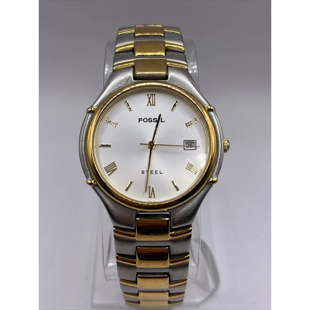Fossil Steel Men's Watch  FS-2700 Stainless‎ Two Tone Band- New Battery